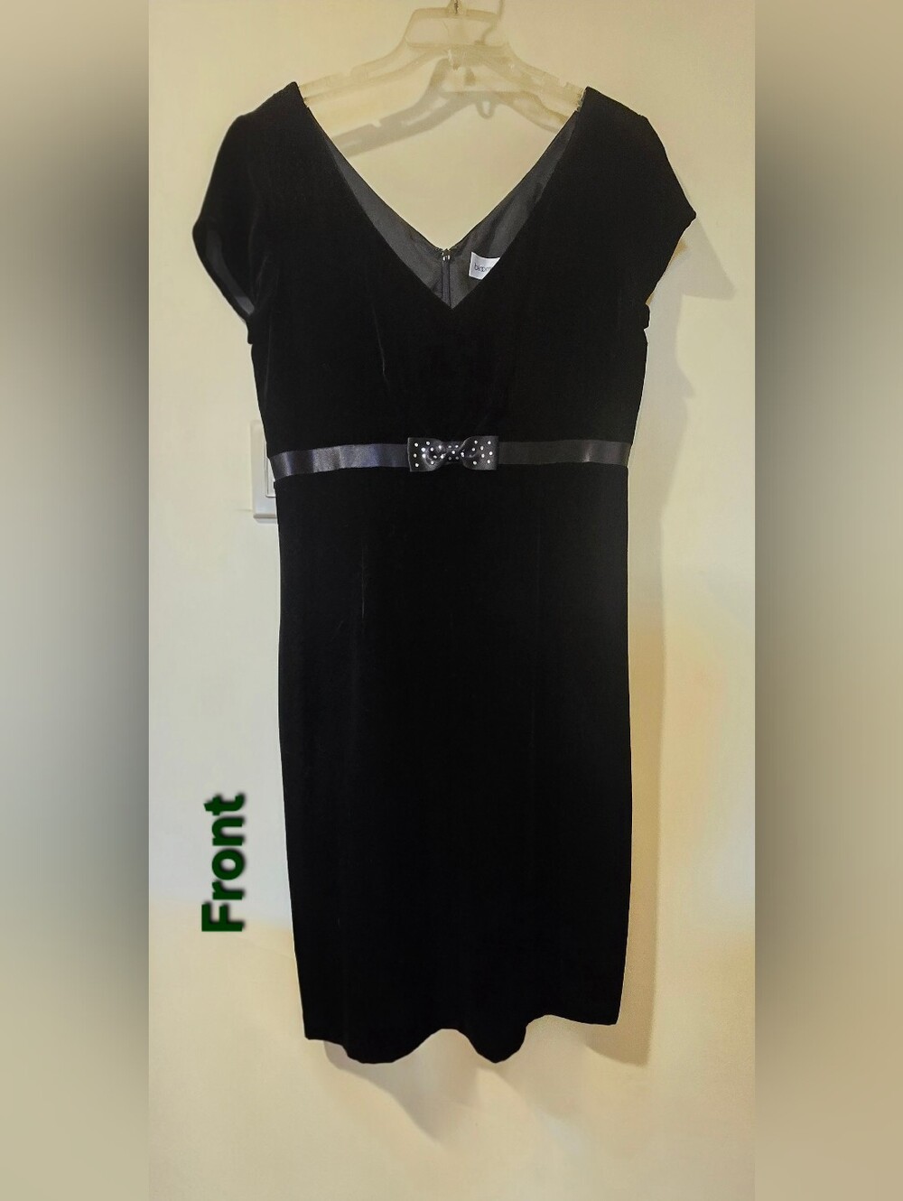 Bloomingdale's Black Velvet V-Neck Sheath Dress with Satin Bow